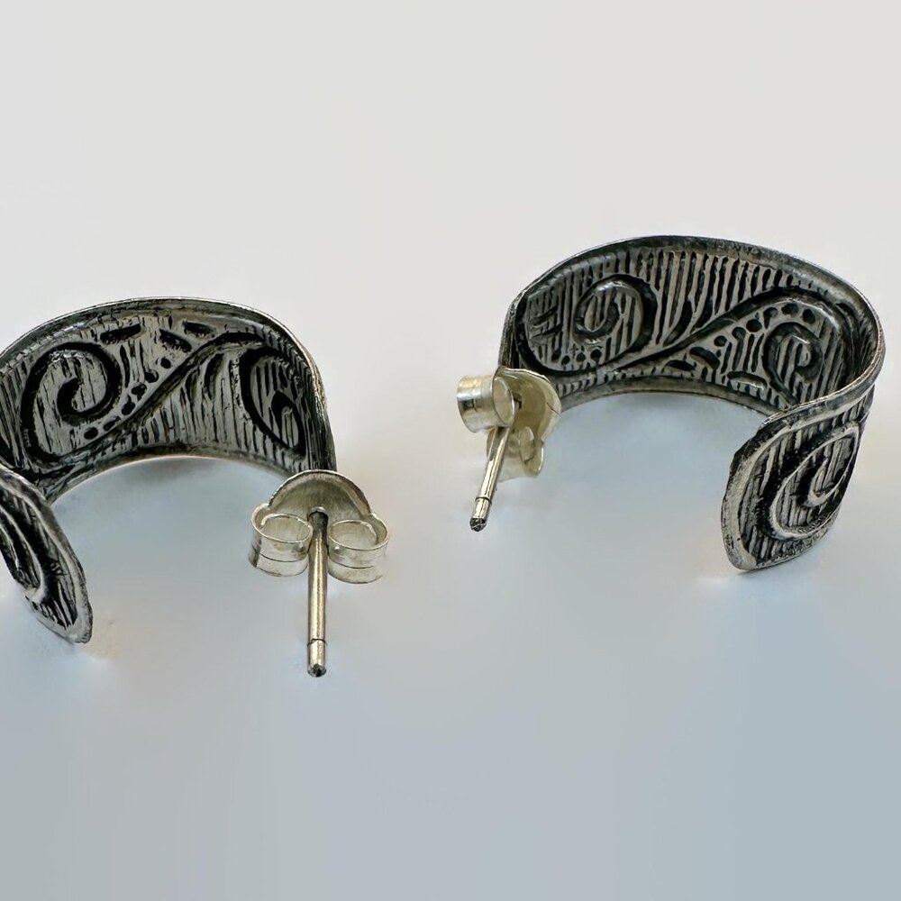 Hoop Earrings, Boho, Etched, Silver Tone, Half Hoop, Vintage, Lightweight - Picture 2 of 4